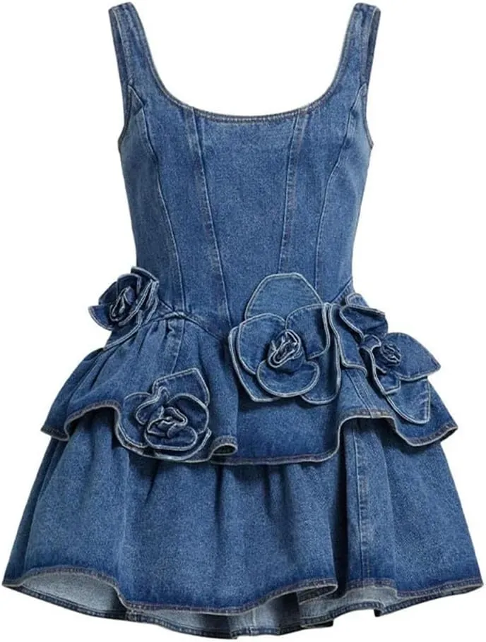Women Flower Double-Layer Denim Slip Dress Elegant Square Collar Sleeveless Waist Cinching Mini Dresses Party Robe