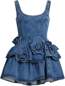 Women Flower Double-Layer Denim Slip Dress Elegant Square Collar Sleeveless Waist Cinching Mini Dresses Party Robe
