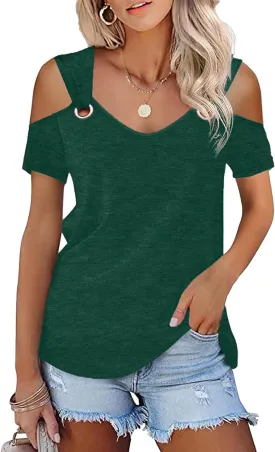 Women O Ring Cold Shoulder Cute Shirts Casual Loose Fit Short Sleeve Shirt Gradient Notched Neck Casual Tee