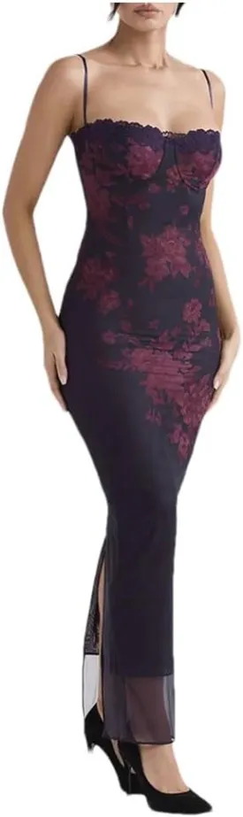 Women Purple Print Sexy Long Fishtail Dress for Robe Spaghetti Strap Sleeveless Backless Ruched Maxi Dress