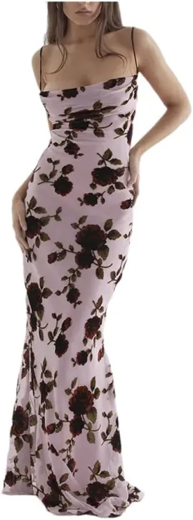 Women Purple Print Sexy Long Fishtail Dress for Robe Spaghetti Strap Sleeveless Backless Ruched Maxi Dress