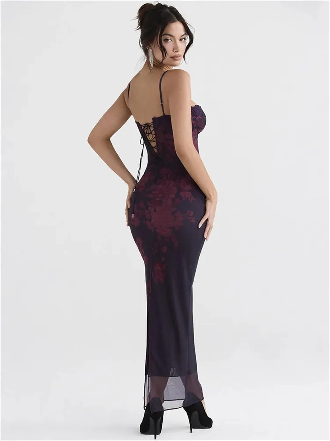 Women Purple Print Sexy Long Fishtail Dress for Robe Spaghetti Strap Sleeveless Backless Ruched Maxi Dress