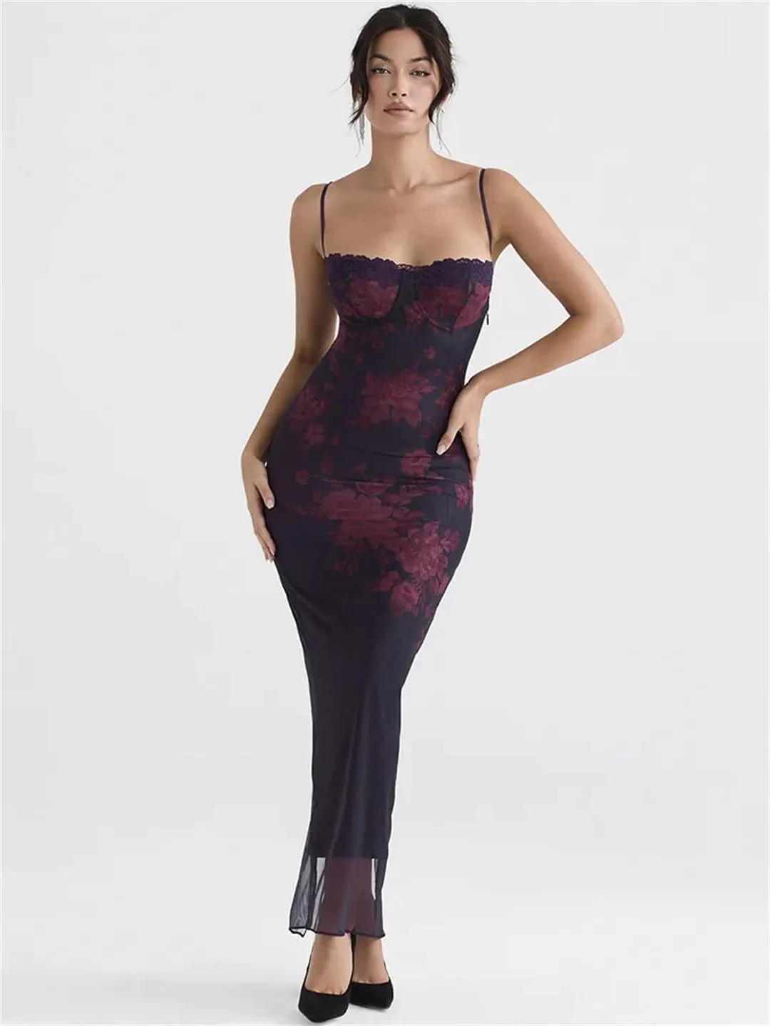 Women Purple Print Sexy Long Fishtail Dress for Robe Spaghetti Strap Sleeveless Backless Ruched Maxi Dress
