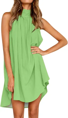 Women's Casual Tie Back Halter Neck Flared Hem Flowy Pleated Beach Sundress Sleeveless Summer A Dresses for Juniors