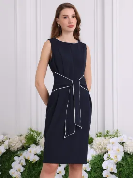 Women's Contrast Color Pencil Dresses Zipper Neck Tie Waist Sheath Dress