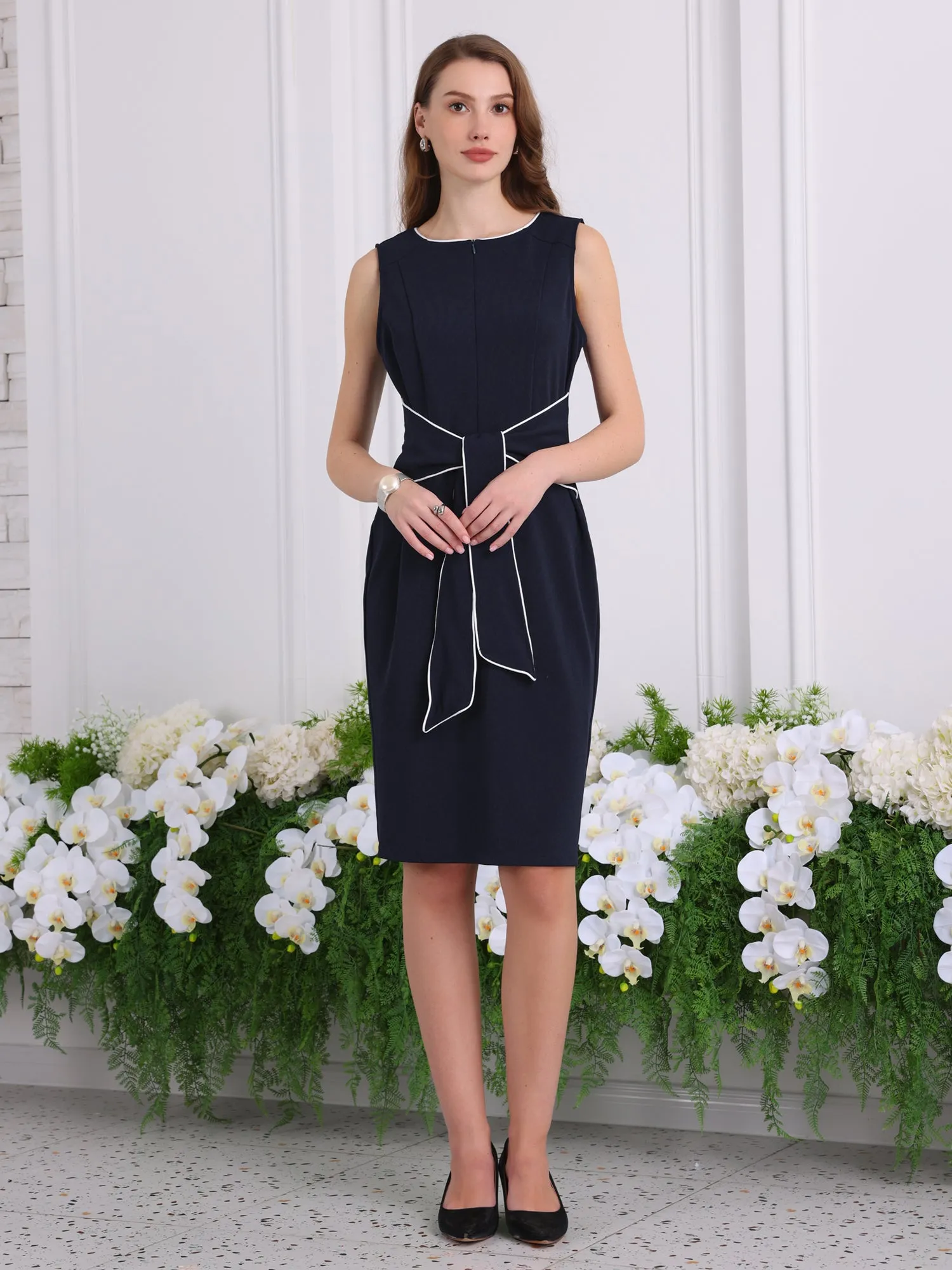 Women's Contrast Color Pencil Dresses Zipper Neck Tie Waist Sheath Dress