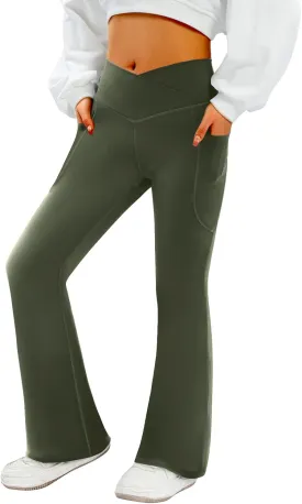 Women's Flare Yoga Pants with Pockets-V Crossover High Waisted Bootcut Yoga Leggings-Flare Workout Gym Leggings
