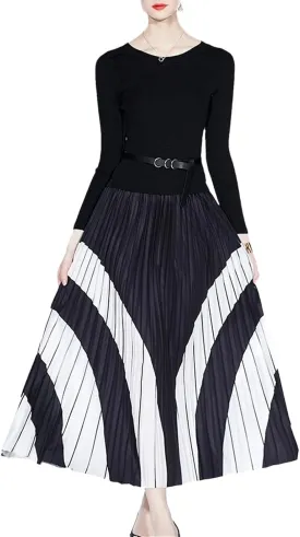 Women's Knitted Patchwork Party Dress - O-Neck Long Sleeve Belted Pleated A-Line