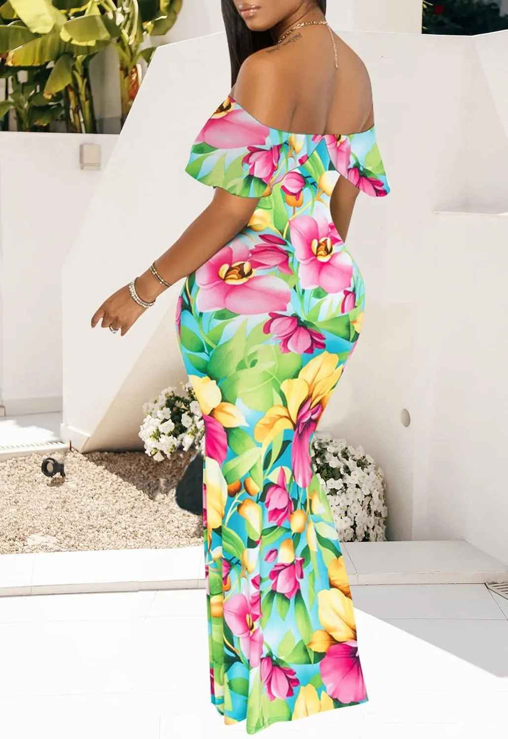 Women's Off Shoulder Maxi Dress Sexy Hawaiian Floral Long Party Dresses