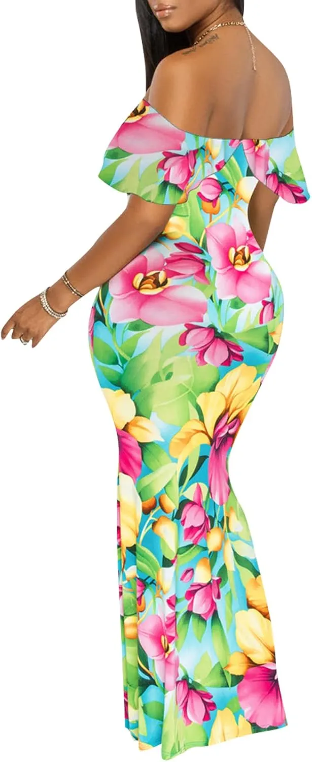 Women's Off Shoulder Maxi Dress Sexy Hawaiian Floral Long Party Dresses