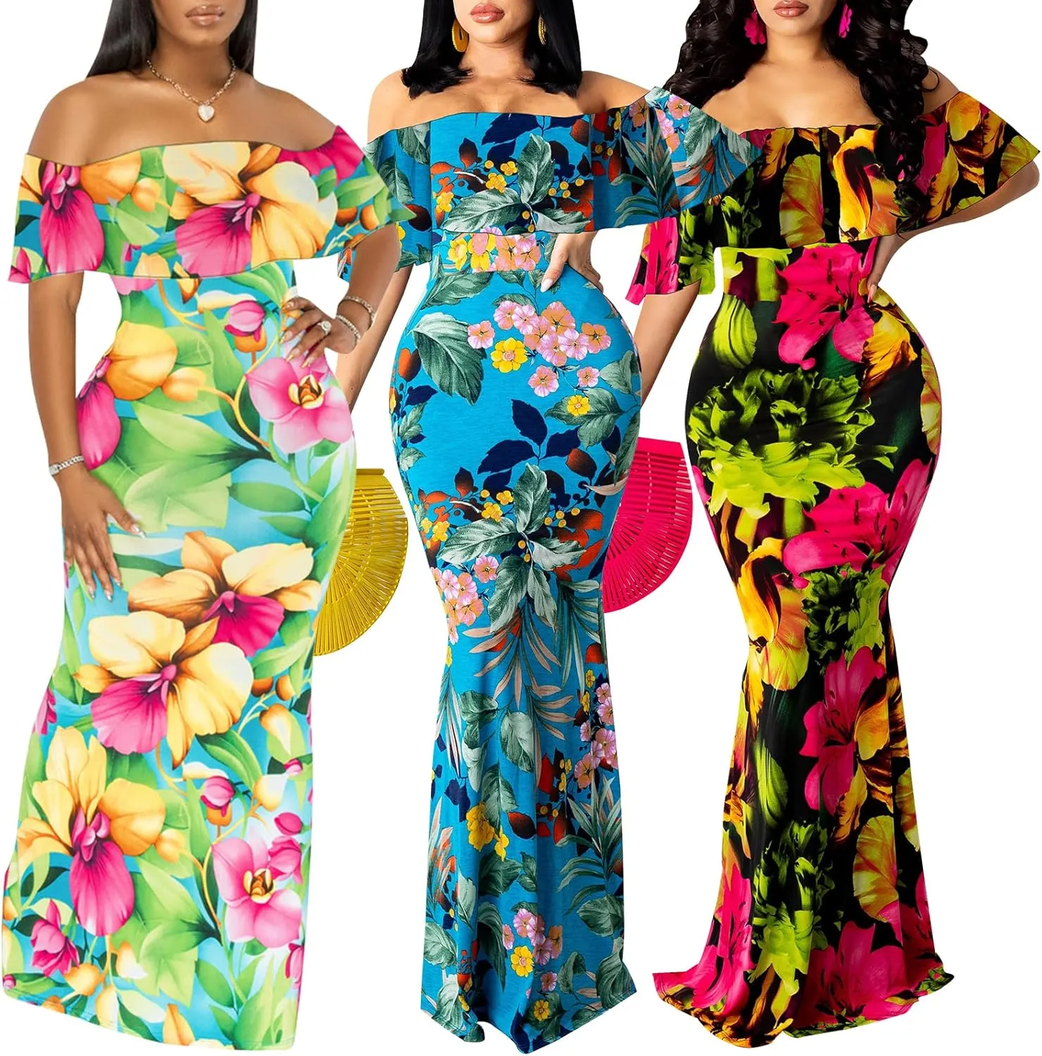 Women's Off Shoulder Maxi Dress Sexy Hawaiian Floral Long Party Dresses