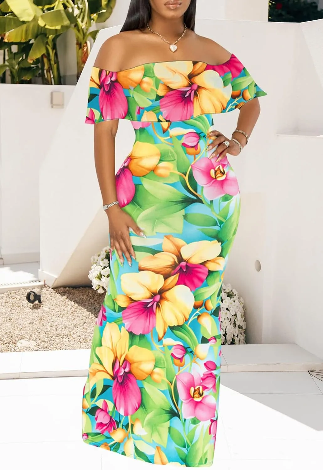 Women's Off Shoulder Maxi Dress Sexy Hawaiian Floral Long Party Dresses
