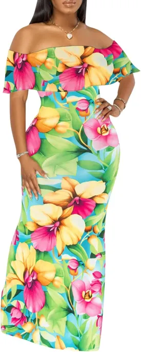 Women's Off Shoulder Maxi Dress Sexy Hawaiian Floral Long Party Dresses