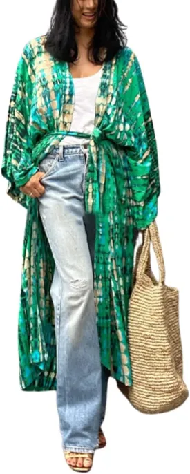 Women's Open Front Tie Dye Long Kimono Cover Ups with Belt Summer Loose Long Kimono Robe Swimsuits