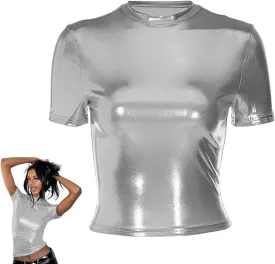 Women's Shiny Tops, Holographic Metallic Short Sleeve Slim Fit T-Shirt, Shimmer Crop Top Mock Neck Party Blouse
