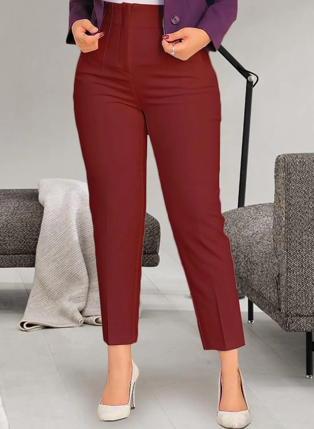 Womens Stretchy High Waisted Pants Trendy Pleated Business Work Trousers with Pockets Straight Leg Dress Pant