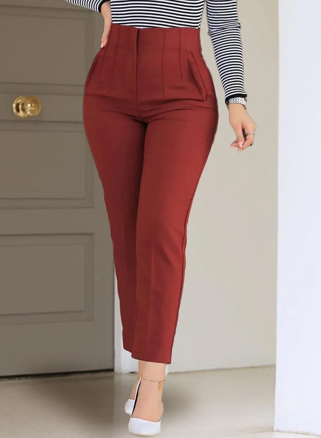 Womens Stretchy High Waisted Pants Trendy Pleated Business Work Trousers with Pockets Straight Leg Dress Pant