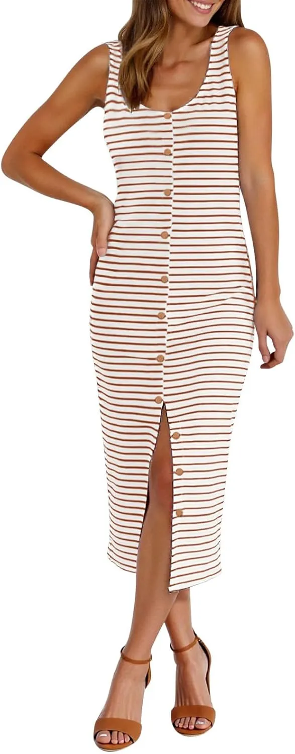 Women's Striped Button-Up Dresses Sleeveless Midi Dress with High-Low Hem Comfy Casual Basic Elegant Dress for Ladies