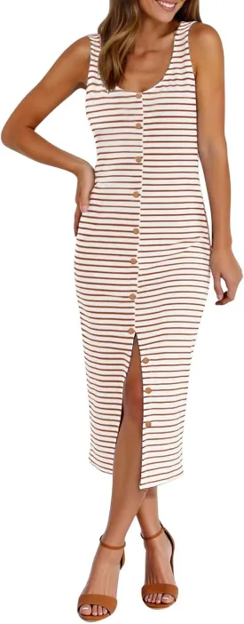 Women's Striped Button-Up Dresses Sleeveless Midi Dress with High-Low Hem Comfy Casual Basic Elegant Dress for Ladies