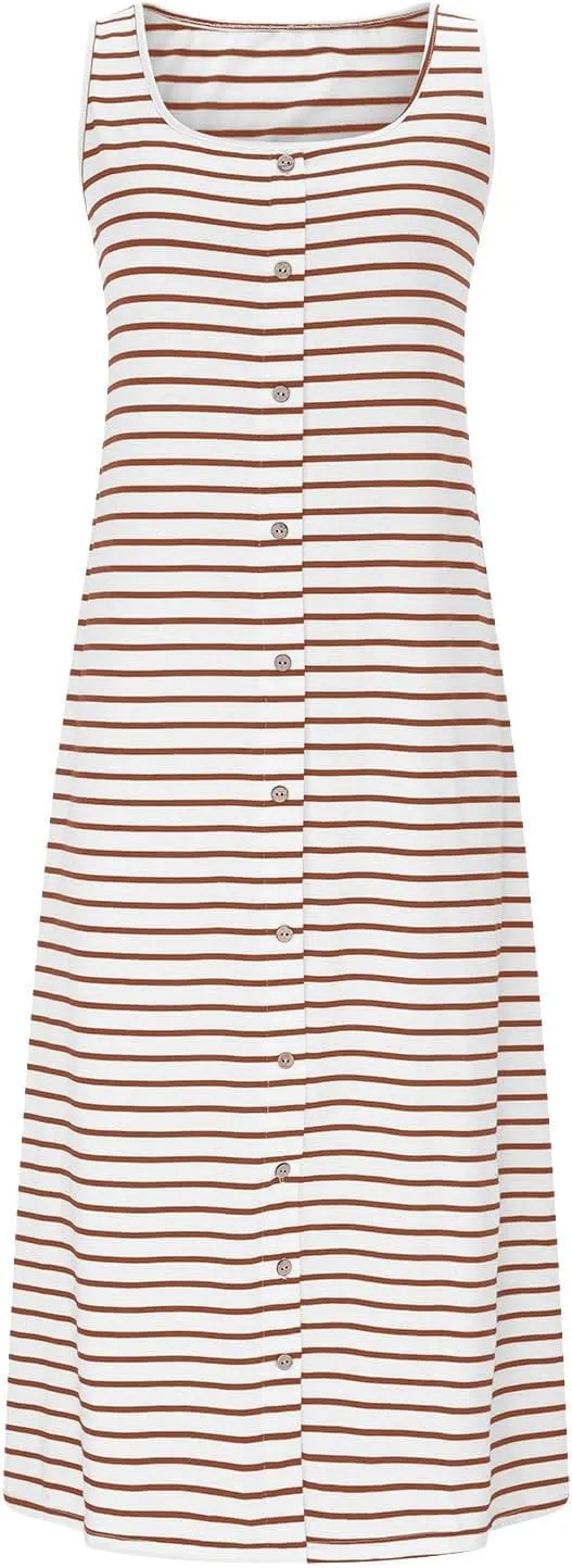 Women's Striped Button-Up Dresses Sleeveless Midi Dress with High-Low Hem Comfy Casual Basic Elegant Dress for Ladies