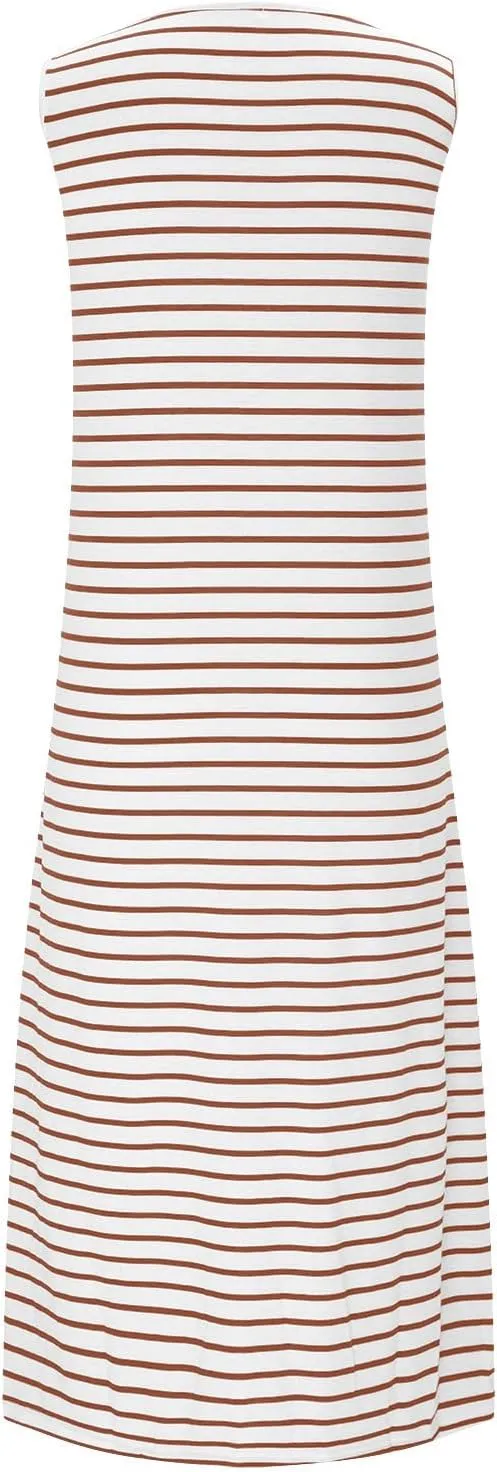 Women's Striped Button-Up Dresses Sleeveless Midi Dress with High-Low Hem Comfy Casual Basic Elegant Dress for Ladies