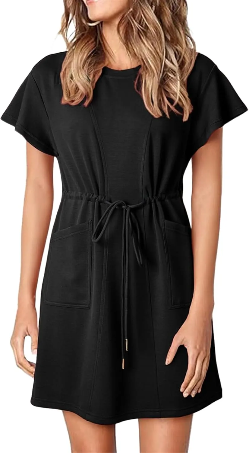 Womens Summer Dresses 2025 Crew Neck Ruffle Short Sleeve Casual Dress Dressy Drawstring A Line Mini Dress with Pockets