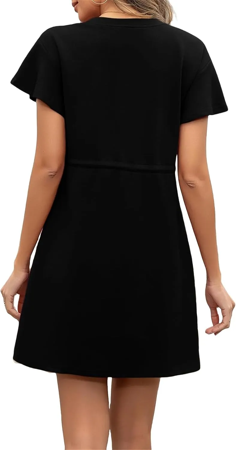 Womens Summer Dresses 2025 Crew Neck Ruffle Short Sleeve Casual Dress Dressy Drawstring A Line Mini Dress with Pockets