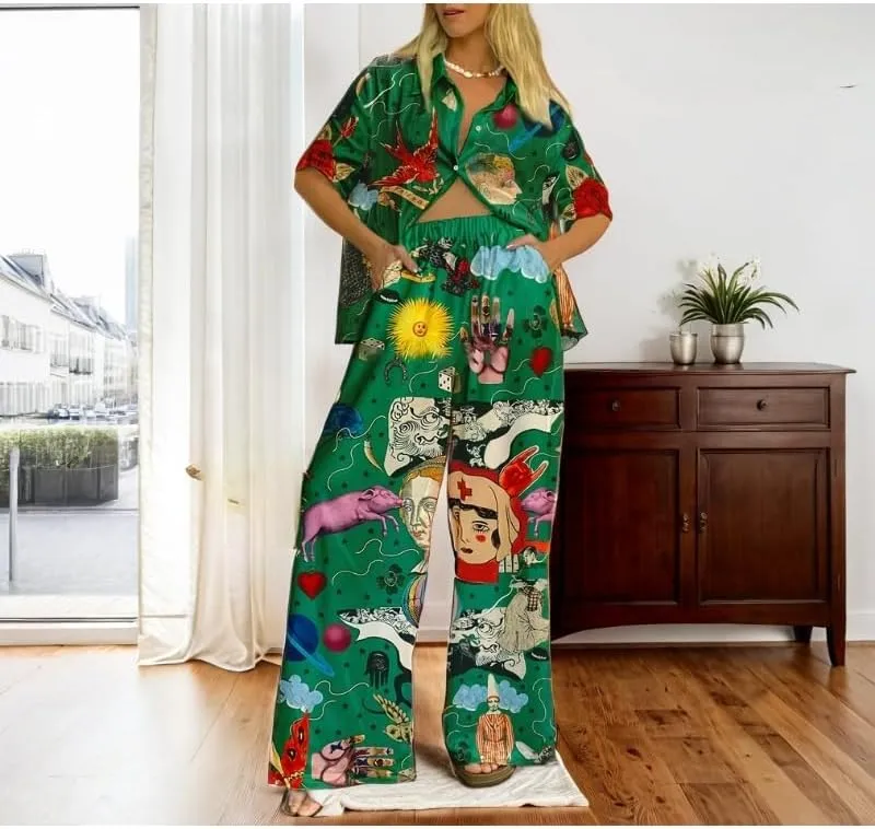 Women's Summer Print Two Piece Pajama Set Short Sleeve Outfits Button Down Tops Drawstring Long Pants Sleepwear Sets