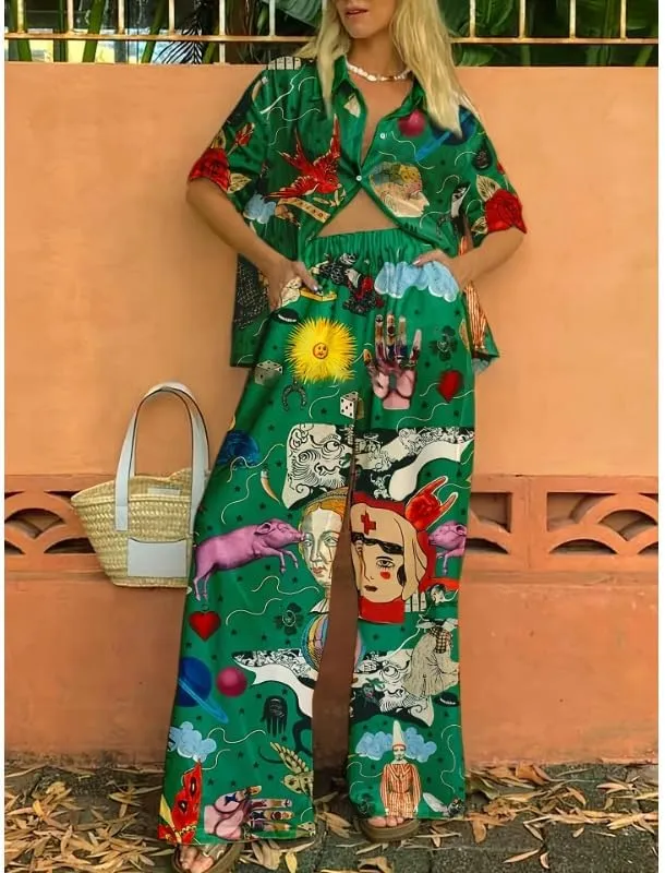 Women's Summer Print Two Piece Pajama Set Short Sleeve Outfits Button Down Tops Drawstring Long Pants Sleepwear Sets