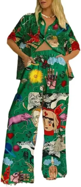Women's Summer Print Two Piece Pajama Set Short Sleeve Outfits Button Down Tops Drawstring Long Pants Sleepwear Sets