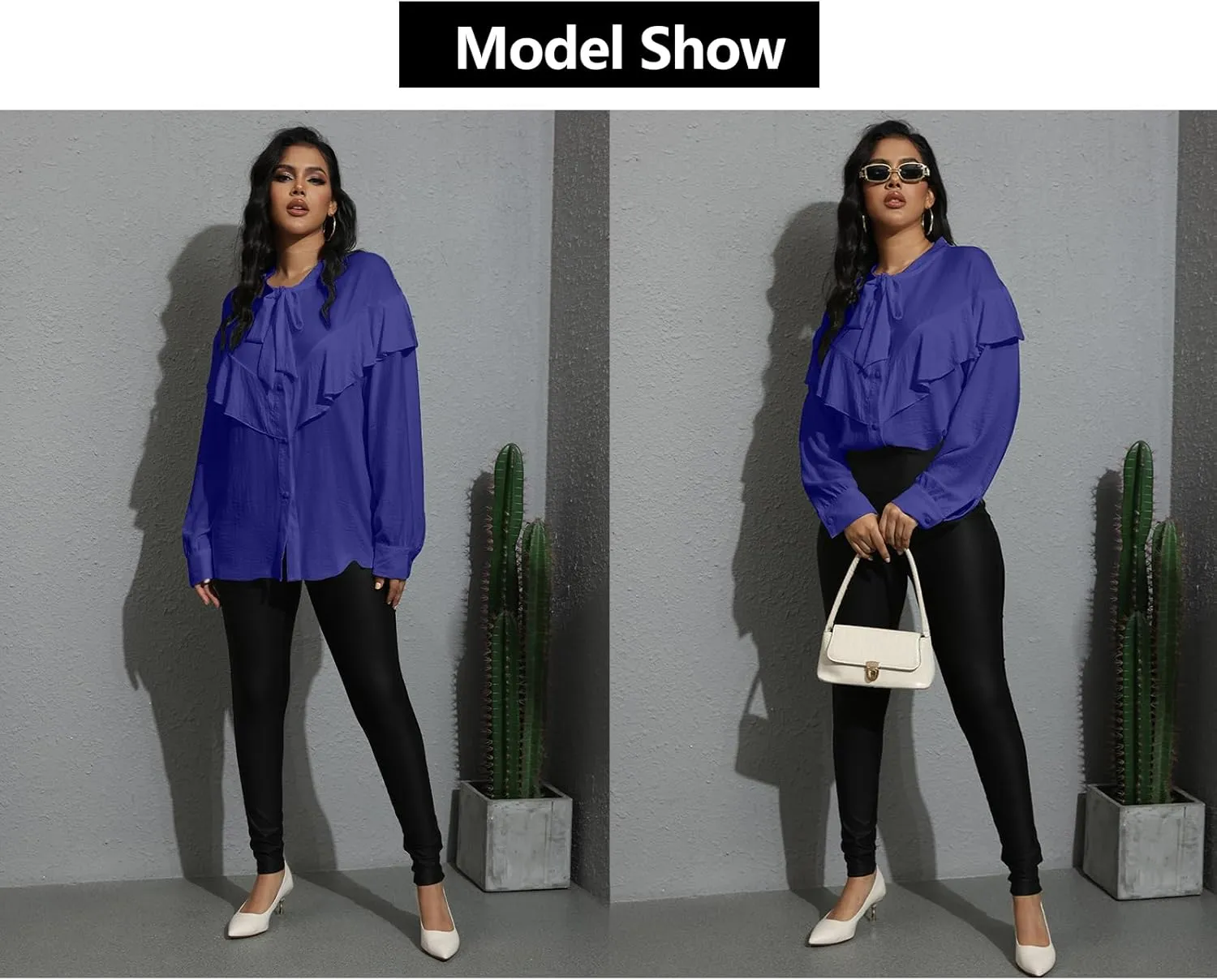 Womens Tie Neck Long Sleeve Button Up Shirts Casual Ruffle Trim Blouse Shirt Top