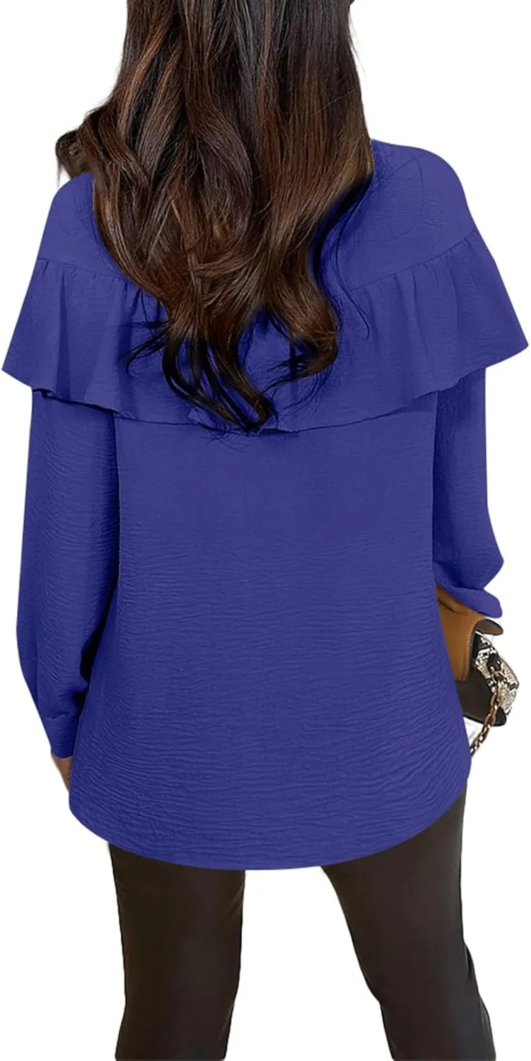 Womens Tie Neck Long Sleeve Button Up Shirts Casual Ruffle Trim Blouse Shirt Top