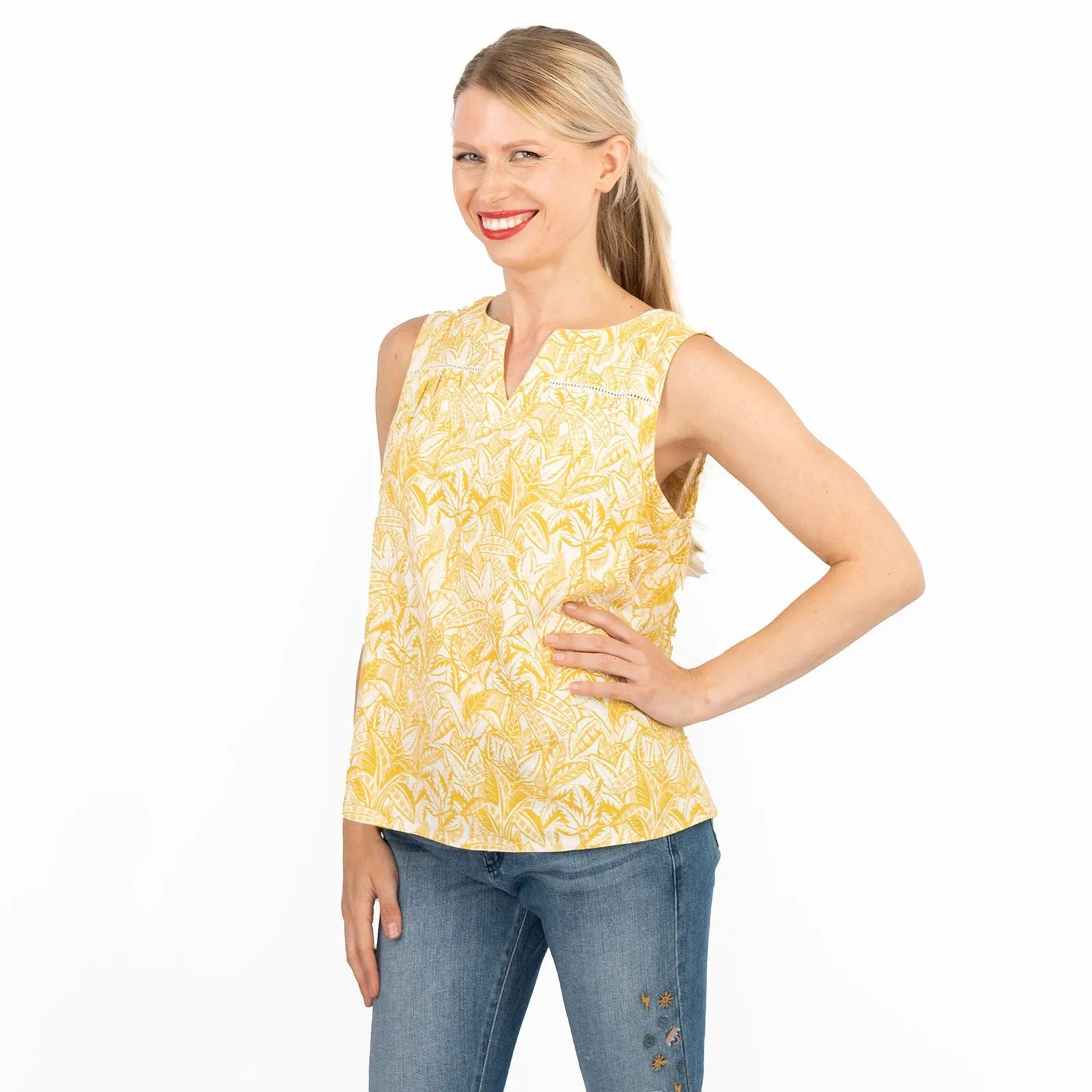 Women's Yellow Floral Sleeveless Casual Lightweight Linen Blend Vests Cami Tops