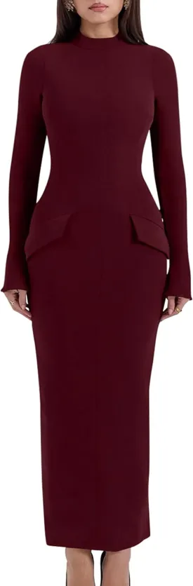 YMDUCH Women's Long Sleeve Mock Turtle Neck Bodycon Back Slit Club Party Long Pencil Dress