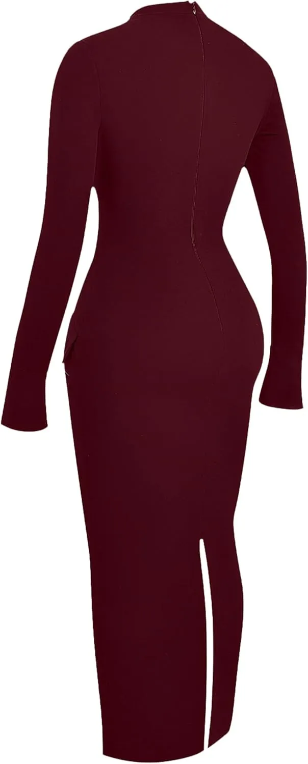 YMDUCH Women's Long Sleeve Mock Turtle Neck Bodycon Back Slit Club Party Long Pencil Dress