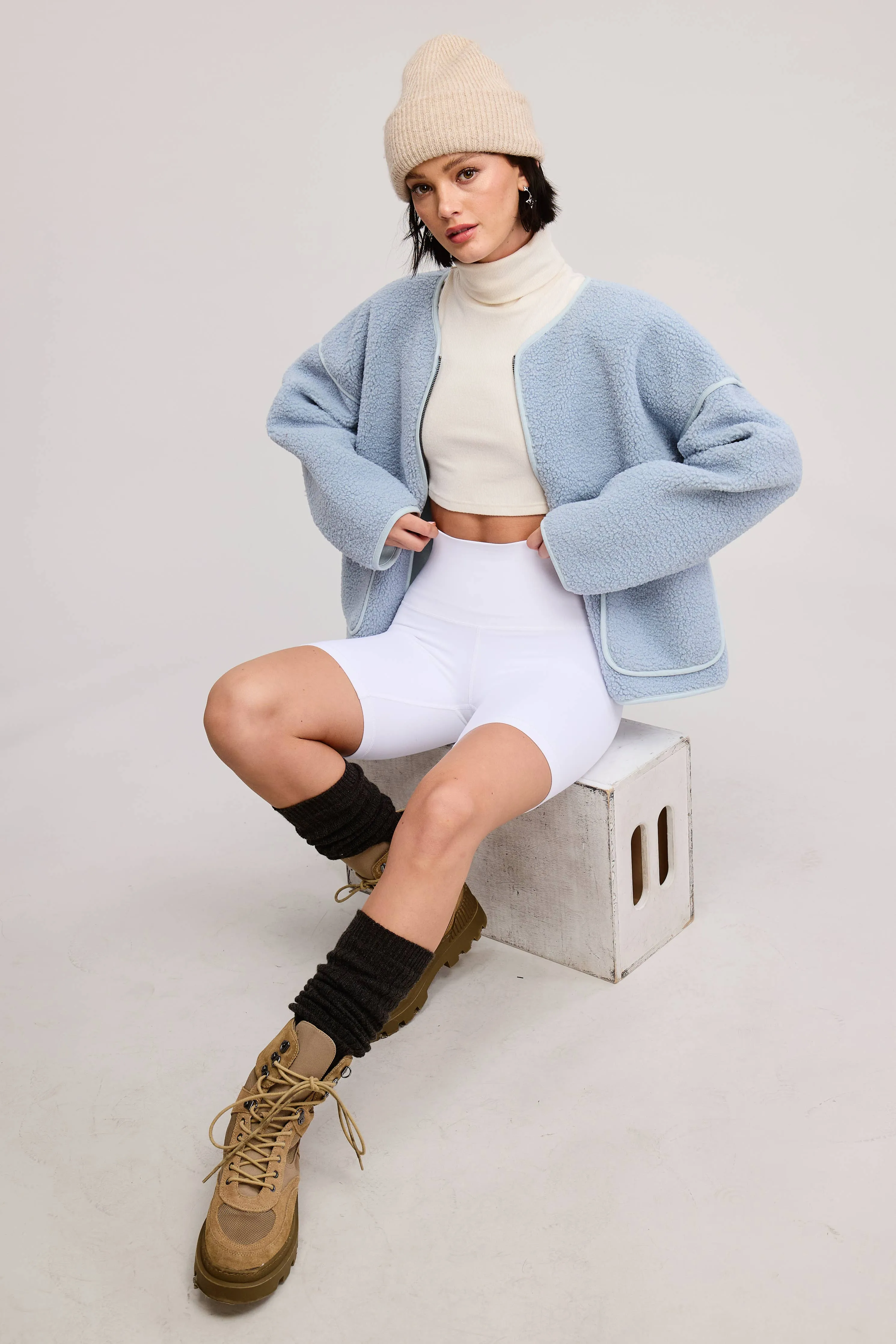 ZIP-UP CONTRAST TRIM SHERPA KNIT JACKET