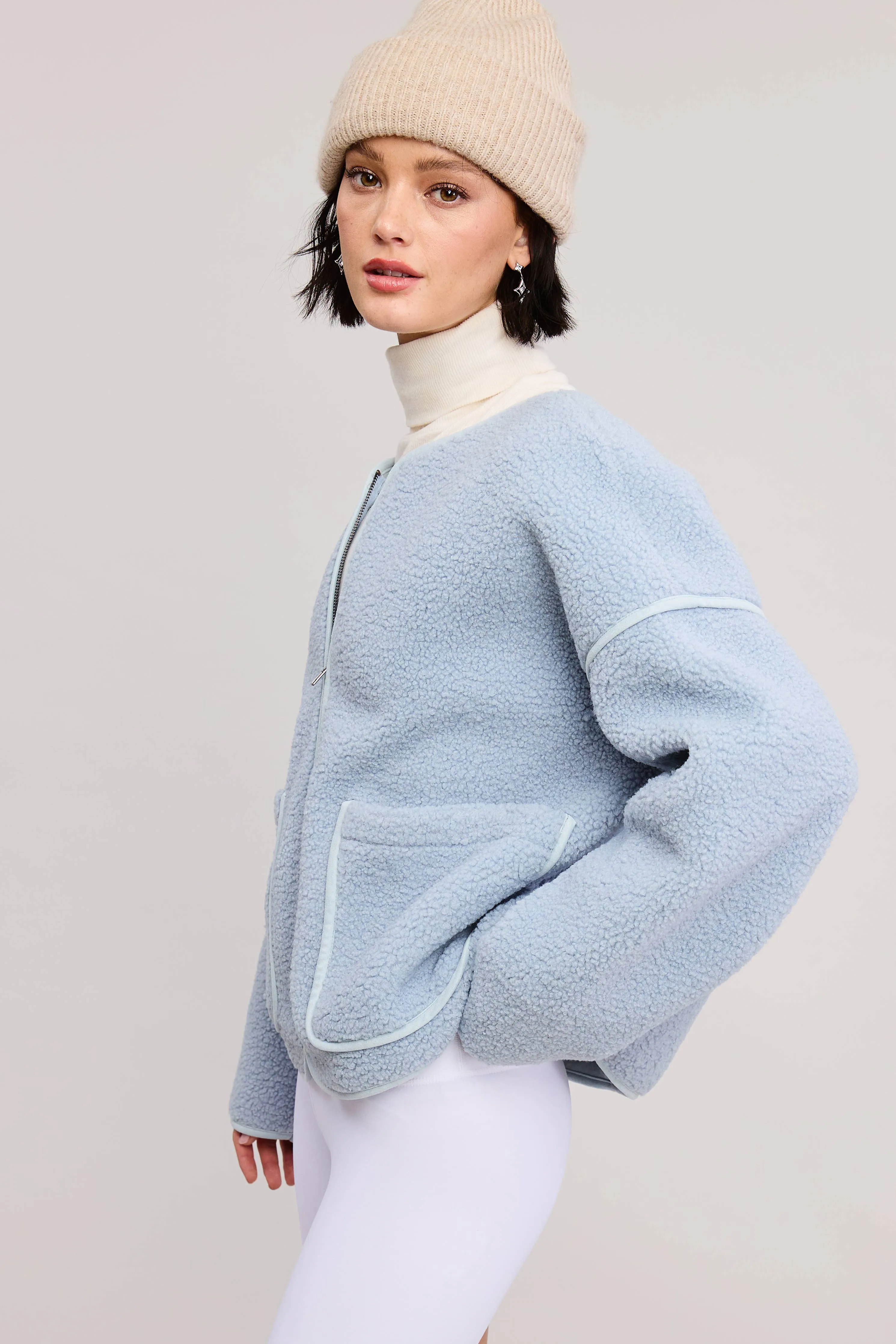 ZIP-UP CONTRAST TRIM SHERPA KNIT JACKET