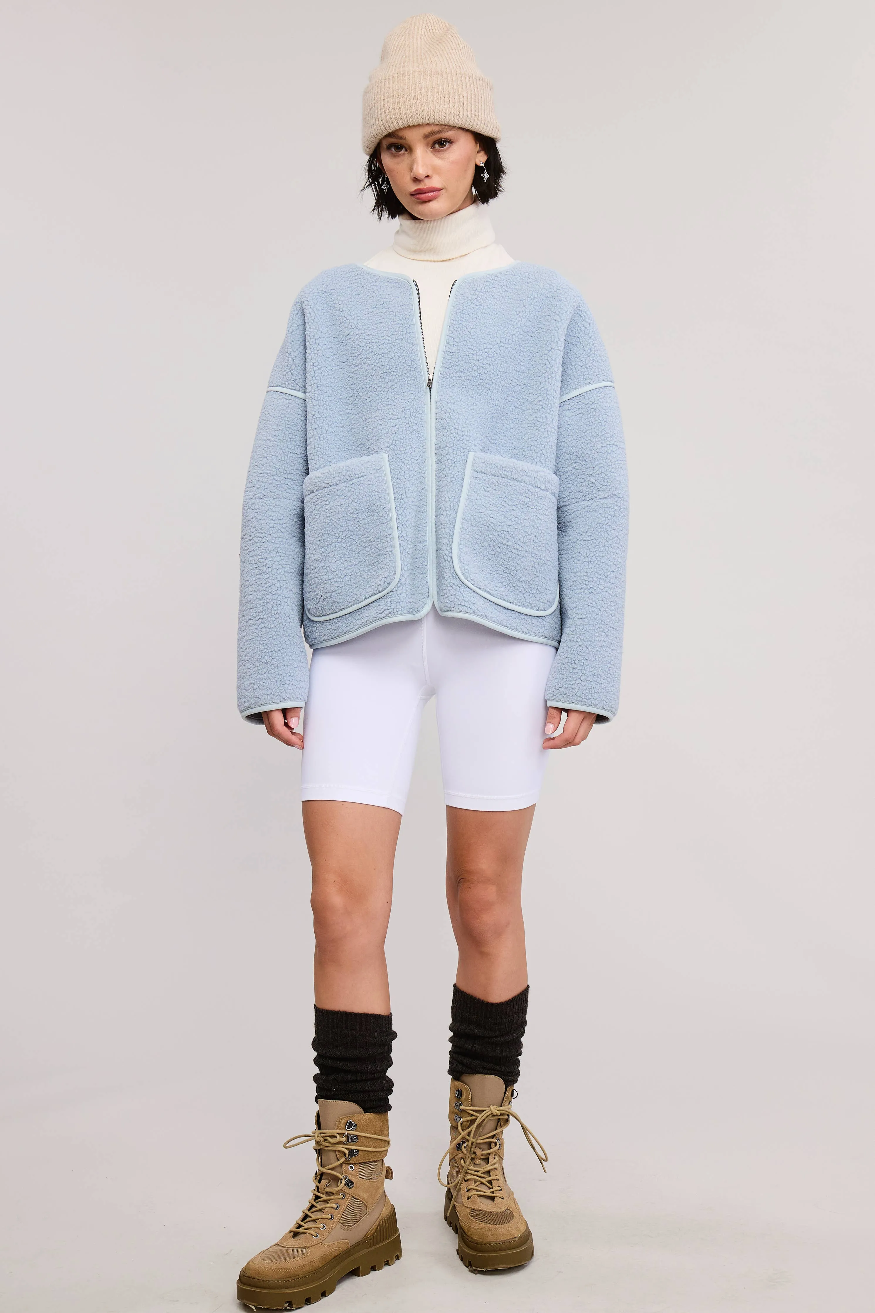 ZIP-UP CONTRAST TRIM SHERPA KNIT JACKET