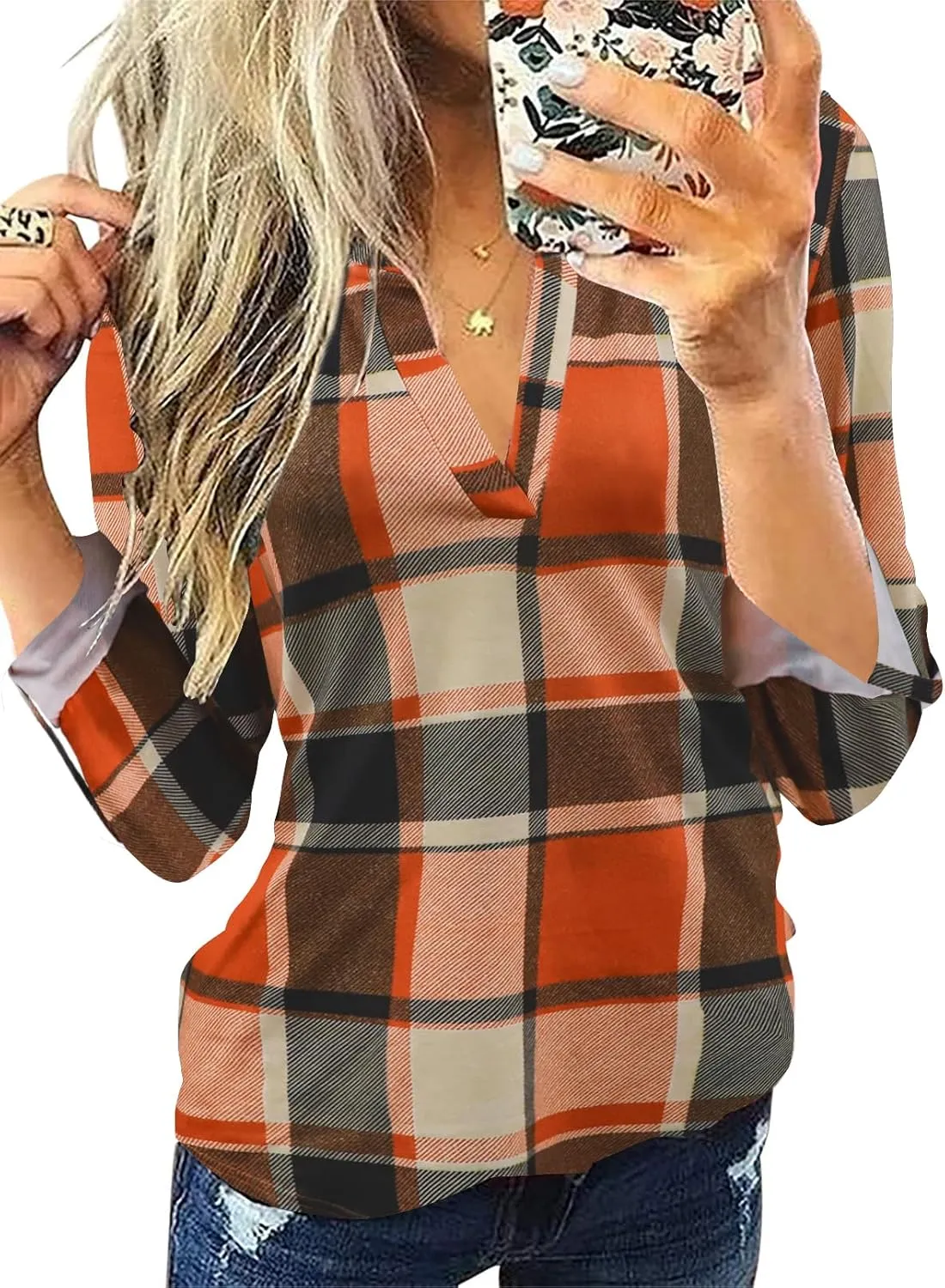 Zyyfly Womens Plaid Shirts Dressy Cuffed Long Sleeve Tops Casual Work Blouses