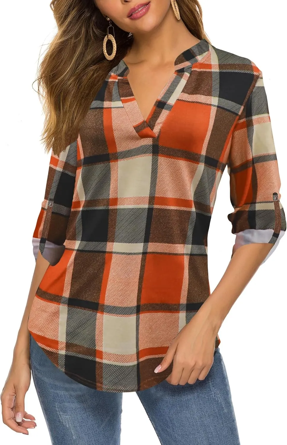 Zyyfly Womens Plaid Shirts Dressy Cuffed Long Sleeve Tops Casual Work Blouses