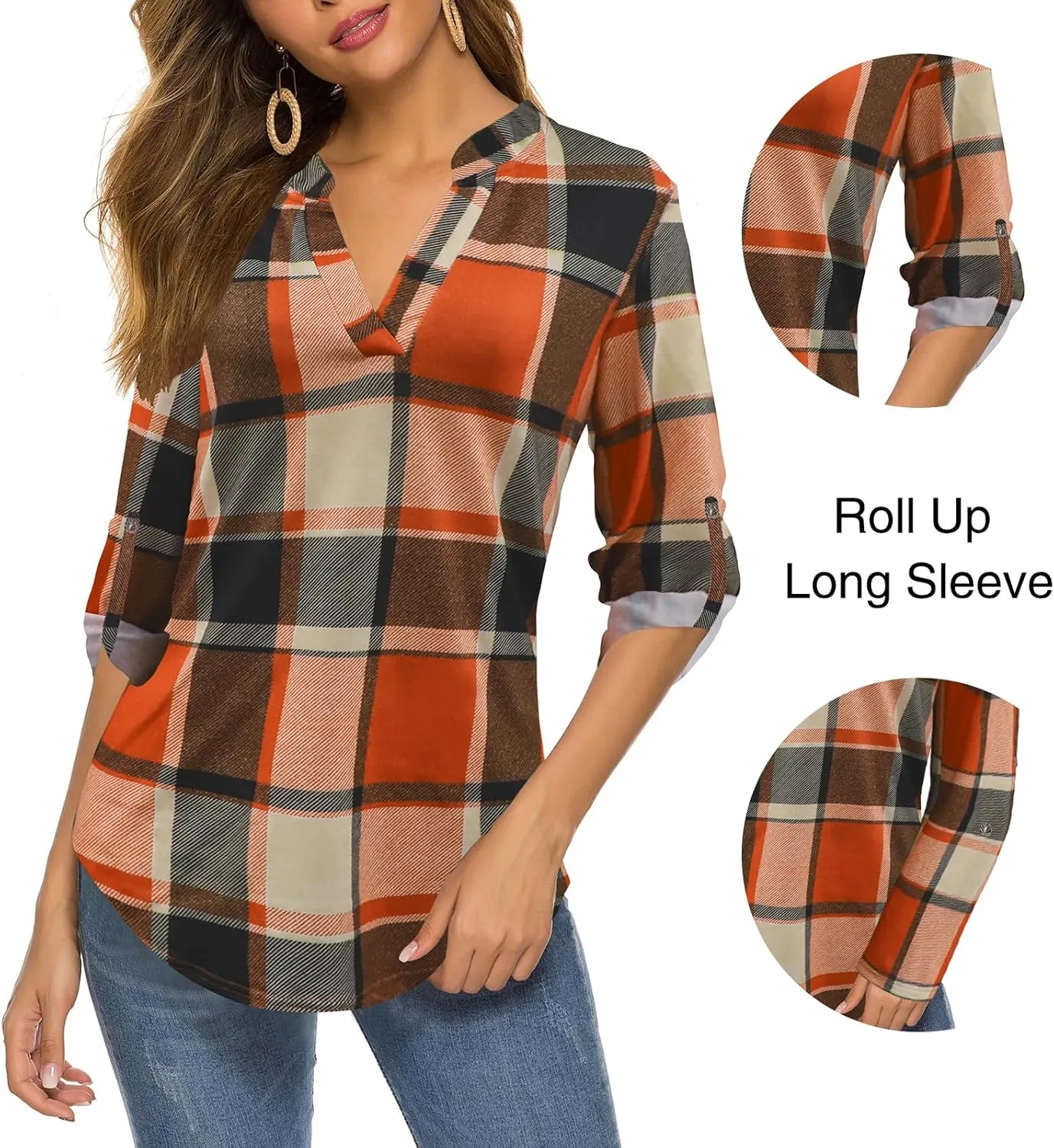 Zyyfly Womens Plaid Shirts Dressy Cuffed Long Sleeve Tops Casual Work Blouses